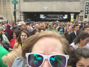 Sister Emily Brabham Sister Emily Brabham, in sunglasses, takes a “selfie” amidst the crowd of people waiting to pass through security at the Benjamin Franklin Parkway in Philadelphia Sept. 27 for the Papal Mass. Sr. Brabham is a novice with the Sisters of St. Francis in Clinton. 
