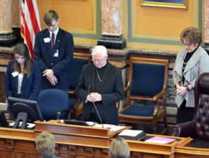 Anne Marie Cox/Catholic Mirror Bishop Martin Amos leads prayer at the Iowa Capitol Feb. 16.