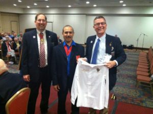 Antonio Banuelos Refugio Ceniceros of Ss. Mary & Mathias Knights of Columbus Council 13960 in Muscatine, poses  with State Deputy Jon Aldrich and State Membership Director Michael Gaspers at the Iowa KC Banquet in mid-April. Ceniceros was honored at the banquet. 