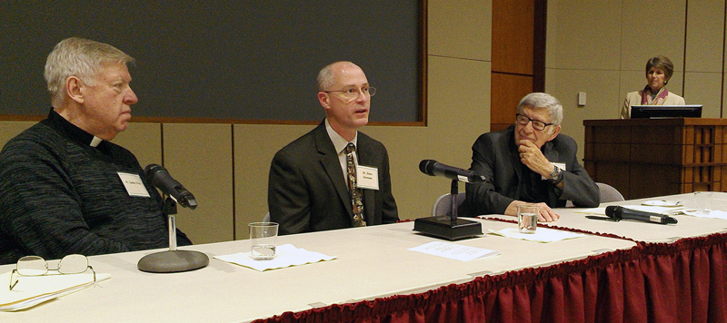 Barb Arland-fye Panelists who participated in “The Difficult Conversation” discussion about end-of-life decision making April 27 at Genesis East in Davenport were, from left, Father Jim Vrba, pastor of St. John Vianney Parish in Bettendorf; Dr. Steve Sorensen of Genesis Family Medical Center, Davenport; and Chaplain Marlin Whitmer of Trinity Episcopal Church in Davenport.   