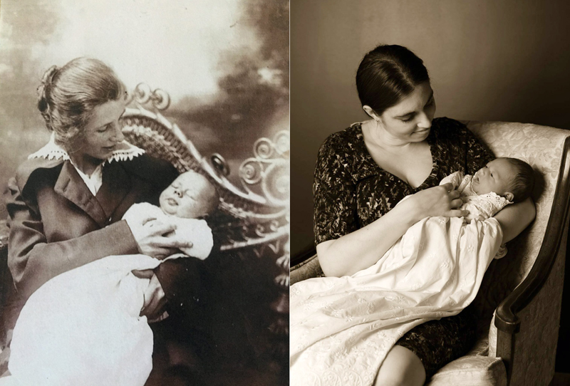 Left: Contributed. Right: Brittney Meyer/Sweetest Dreams Photography Mary Janssen, left, holds newborn son George in a baptismal gown she made for him in this 1918 photograph. Lindsay Steele, right, holds newborn son Bradley in the same gown. 