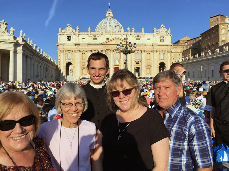 Contributed Anticipating the Canonization Mass of Mother Teresa in St. Peter’s Square in Vatican City are, from left, Mary Margaret Wagner, Barb Arland-Fye, seminarian Scott Foley of the Davenport Diocese, and Sheryl and Dean Lackey.  Foley is studying at the Pontifical North American College in Rome while the others were pilgrims on The Catholic Messenger Pilgrimage to Rome and Assisi Aug. 30-Sept. 6.