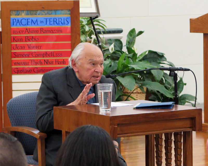 Anne Marie Amacher Father Gustavo Gutiérrez talks about friendship and poverty after receiving the Pacem in Terris Peace and Freedom Award Sept. 28. The ceremony was held in Christ the King Chapel at St. Ambrose University in Davenport.