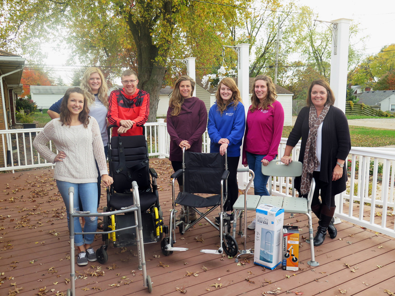 Anne Marie Amacher Occupational therapy students from St. Ambrose University collected donations of wheelchairs, walkers and other assistive devices last month to be used for two university programs. Some of the students who helped with the drive were, from left, Nikki Cowan, Michelle Pohl, Conner Geising, Mary Riedel, Jenna Ham, Julie Wiersema and Anne Lansing, academic advisor. 